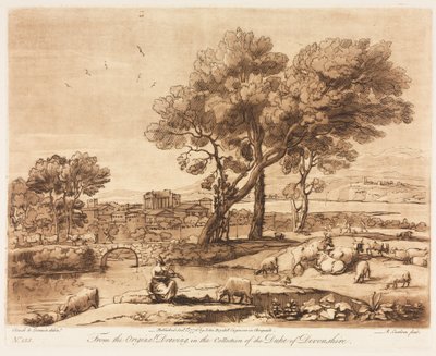 Liber Veritatis: No. 135، A Landscape، with Buildings، Mercury Stealing Admetuss Cattle ...، 1776. بواسطة ريتشارد إيرلوم
