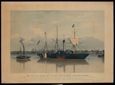 هذه اللوحة مأخوذة من لوحة أصلية لورد، لسفينة فيكتوريا البخارية، حمولتها 1200 طن وقوتها 400 حصان... أُطلقت في 20 يونيو 1837... (أكواتينت، ملونة، لوح) بواسطة Richard G. Reeve