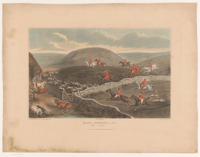 منظر طبيعي مع الكلاب والصيادين على ظهور الخيل يركضون عبر الحقول صيد الأرنب ، لوحة 2. حرب اللفت! (العنوان على الكائن) بواسطة توماس ماكلين