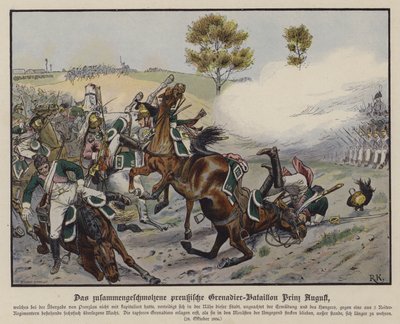 كتيبة غرينادير للأمير أوغسطس بروسيا في معركة برينزلو ، 28 أكتوبر 1806 (لون ليثو) بواسطة ريتشارد نوتيل