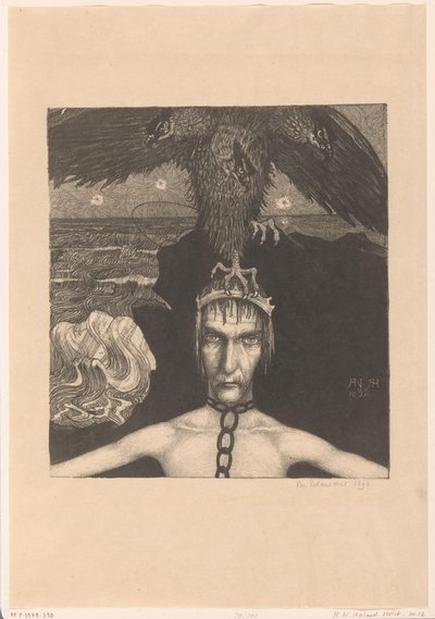 رجل مقيد بالسلاسل مع طائر جارح ذو ثلاثة رؤوس على رأسه Anangke (Fate) (العنوان الأصلي) بواسطة ريتشارد نيكولاس رولاند هولست