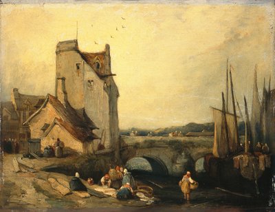 عرض في بريتاني: الجسر والأكواخ والمغسلة (زيت على اللوحة) بواسطة ريتشارد باركس (Attr. To) Bonington