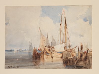 قوارب الصيد الراسية في مصب نهر ، حوالي عام 1825 (ألوان مائية على ورق) بواسطة ريتشارد باركس بونينجتون