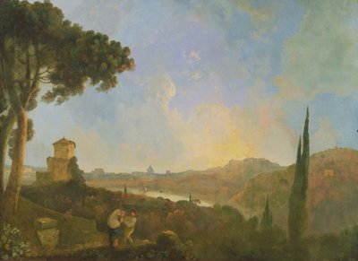 منظر لنهر التيبر مع روما في المسافة ، 1770-80 (زيت على قماش) بواسطة ريتشارد ويلسون