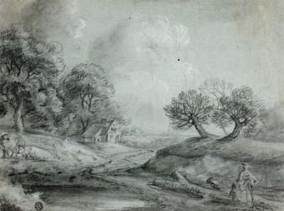 منظر طبيعي مع امرأة وأبقار (وجه الصفحة) ؛ رسم تخطيطي لمنظر طبيعي (ظهر) بواسطة ريتشارد ويلسون