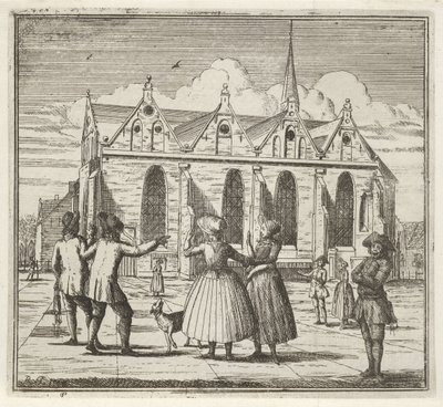 رجال ونساء في ميدان بالقرب من Grote Kerk في ليوواردن الشتاء. (عنوان المسلسل) مشاهد الشتاء (عنوان المسلسل) بواسطة راينك جيلجيرهويس