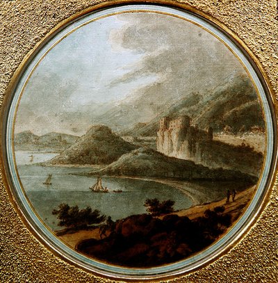 قلعة فوق خليج مع سفن ، حوالي عام 1775 (قلم وحبر مع ألوان مائية على ورق) بواسطة روبرت (أتر. إلى) آدم