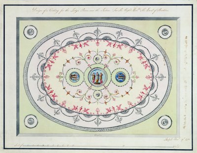تصميم للسقف في غرفة السيدات ، هيدفورت هاوس ، 1772 (مرحاض ، قلم وحبر فوق الجرافيت على ورق مدرج) بواسطة روبرت آدم
