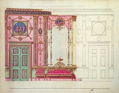 قسم غرفة الرسم ، نورثمبرلاند هاوس ، لندن ؛ تصميم للجدار النهائي (القلم والحبر والمرحاض) بواسطة روبرت آدم