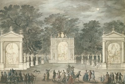 الإضاءات في باكنغهام هاوس بمناسبة عيد ميلاد الملك جورج الثالث ، 4 يونيو 1783 (قلم وحبر ومرحاض على ورق) بواسطة روبرت آدم