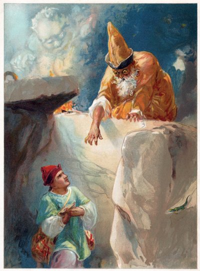 علاء الدين والساحر، رسم توضيحي من "ذات مرة" نشره إرنست مستر، ج.1900 (ليثو ملون) بواسطة روبرت أمبروز دادلي