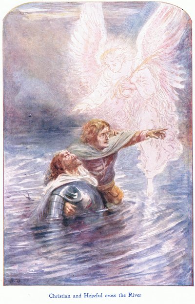 Christian and Hopeful يعبران النهر ، من The Pilgrims Progress الذي نشره John F Shaw & Co ، حوالي عام 1900 (لون ليثو) بواسطة روبرت أمبروز دادلي