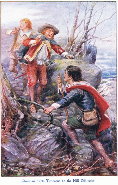 كريستيان يلتقي تيمورس على تلة الصعوبة ، من The Pilgrims Progress الذي نشره John F Shaw & Co ، حوالي 1900 (لون ليثو) بواسطة روبرت أمبروز دادلي