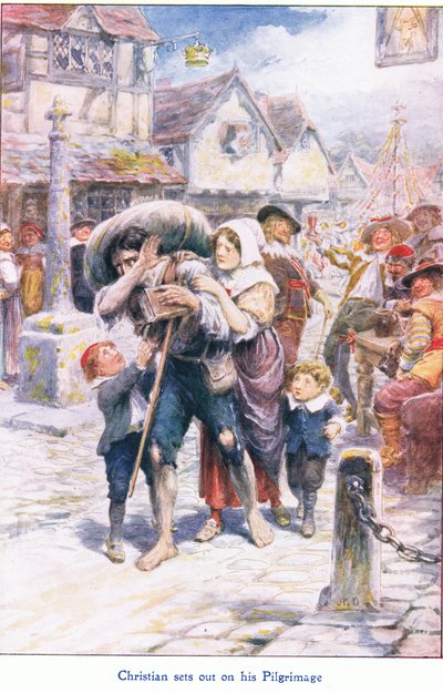 كريستيان ينطلق في رحلة الحج ، من The Pilgrims Progress الذي نشره John F Shaw & Co ، حوالي 1900 (لون ليثو) بواسطة روبرت أمبروز دادلي