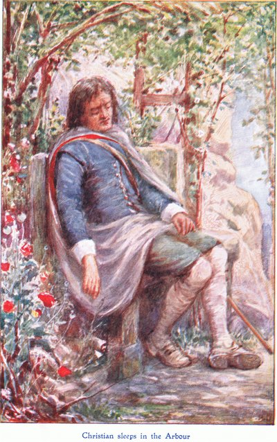 كريستيان ينام في الشجرة ، من كتاب The Pilgrims Progress الذي نشره John F Shaw & Co ، حوالي عام 1900 (لون ليثو) بواسطة روبرت أمبروز دادلي