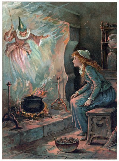 سندريلا والعرابة الجنية ، رسم توضيحي من "ذات مرة" الذي نشره إرنست مستر ، حوالي 1900 (لون ليثو) بواسطة روبرت أمبروز دادلي