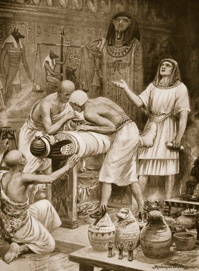 تحنيط الموتى ، رسم توضيحي من "Hutchinsons History of the Nations" ، حوالي عام 1910 (litho) بواسطة روبرت أمبروز دادلي