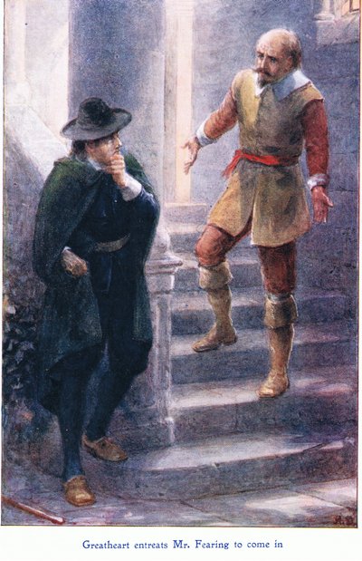 تتوسل Great Heart للسيد خوفًا من القدوم ، من كتاب The Pilgrims Progress الذي نشره John F Shaw & Co ، حوالي عام 1900 (لون ليثو) بواسطة روبرت أمبروز دادلي