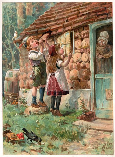هانسيل وجريتل ، رسم توضيحي من كتاب "ذات مرة" الذي نشره إرنست مستر ، حوالي عام 1900 (ليثو ملون) بواسطة روبرت أمبروز دادلي