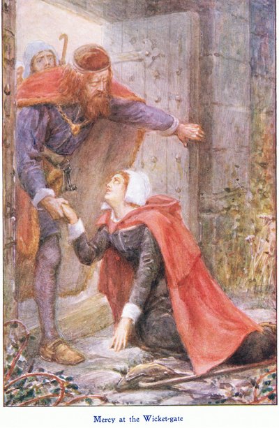 Mercy at the Wicker Gate ، من كتاب The Pilgrims Progress الذي نشره John F Shaw & Co ، حوالي عام 1900 (لون ليثو) بواسطة روبرت أمبروز دادلي