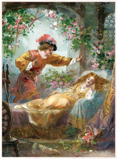 يجد الأمير الجمال النائم ، رسم توضيحي من كتاب "ذات مرة" الذي نشره إرنست مستر ، حوالي عام 1900 (ليثو ملون) بواسطة روبرت أمبروز دادلي
