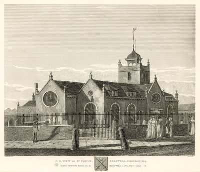 المنظر الشمالي الشرقي لسانت بولس ، شادويل ، لندن ، أُسقط عام 1819 بواسطة روبرت بليميل شنيبيلي