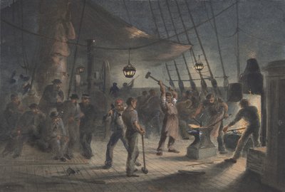 The Forge on the Deck ، ليلة 9 أغسطس: تجهيز الصفيحة الحديدية للرأس ، 1865-1866. بواسطة روبرت تشارلز دادلي