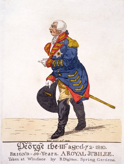 جورج الثالث من بريطانيا في عام 1810 في خمسين عامًا من اليوبيل ، طبعه R Dighton بعد رسمه الخاص في Windsor ، حانة. 25 أكتوبر 1810 (الطباعة الحجرية الملونة) بواسطة روبرت دايتون