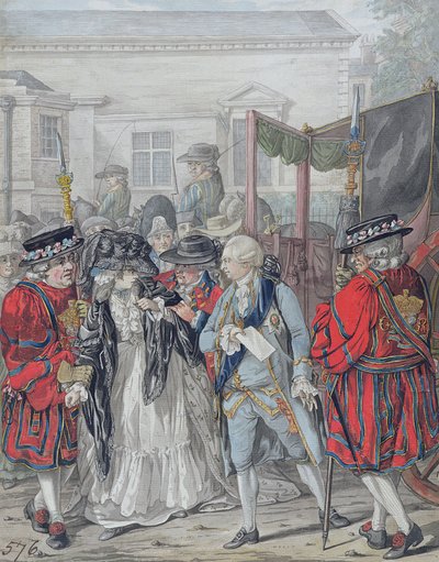 مارغريت نيكلسون تحاول اغتيال جلالة الملك جورج الثالث (1738-1820)، عند مدخل حديقة قصر سانت جيمس، الثاني من أغسطس 1786 (قلم رصاص وقلم حبر أسود وألوان مائية وألوان للجسم على ورق) بواسطة روبرت دايتون