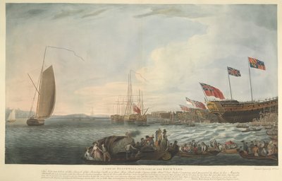 A View of Blackwall ، مع جزء من Dockyard ، عند إطلاق قلعة بومباي ، 74 بندقية ، تم بناؤها على نفقة Hon. شركة الهند الشرقية وقدموها إلى جلالة الملك في يونيو 1782 بواسطة روبرت دود