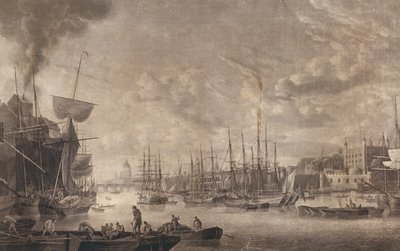 منظر باتجاه جسر لندن من قارب يرسو بالقرب من برج لندن ، 1793 (أكواتينت) بواسطة روبرت دود