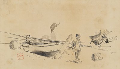 اثنان من قوارب الصيد اليابانية على الشاطئ ، 1867-1903 بواسطة روبرت فريدريك بلوم