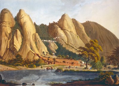 المنظر الجنوبي لـ Sewandroog ، رسم توضيحي من Twelve Views of Mysore ، بلد Tippoo Sultan محفور وملون بواسطة JW Edy ، تم نشره عام 1804 (ألوان مائية) بواسطة روبرت إتش. كولبروك