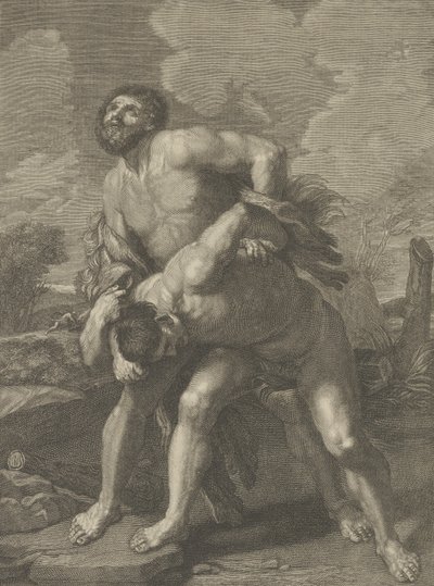 هرقل يرتدي جلد أسد ويقاتل أخيلوس ، منظر طبيعي في الخلفية ، ... ، كاليفورنيا. 1713-72. بواسطة روبرت هيكيت