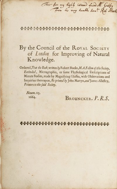 صفحة موقعة من "Micrographia: أو بعض الأوصاف الفسيولوجية لأجسام دقيقة مصنوعة بواسطة نظارات مكبرة" ، 1665 بواسطة روبرت هوك