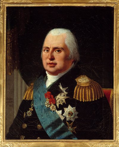 Portrait of Louis XVIII (1755-1824), King of France, in military uniform with the Legion of Honour and the Cord of the Order of the Holy Spirit. Painting by Robert Lefebvre (1755-1830) 1814 Sun. 0,73x0,6 m Paris, musee Carnavalet - Portrait of Louis XVIII  بواسطة روبرت ليفيفر