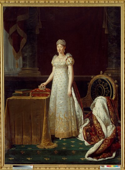 صورة للإمبراطورة ماري لويز النمساوية (ماري لويز) (1791-1847) ، زوجة نابليون الأول ، مثلت ريجينتي للإمبراطورية وترتدي مجموعة شوميه الماسية التي تبرع بها نابليون في عام 1812 - خلفها ، كرسي بذراعين مزين على الطراز الإمبراطوري نابليون "N" بواسطة روبرت ليفيفر