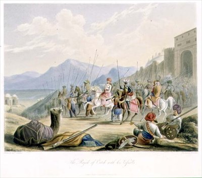 راجا كاتش ، ديسال الثاني (1819-60) مع أتباعه ، من المجلد الأول من "المناظر الطبيعية والأزياء والهندسة المعمارية في الهند" ، نقشها آر جي ريف (م 1811-1837) وملونة بواسطة جي بي هوغارث ، حانة. بواسطة أكرمان بواسطة روبرت ميلفيل (بعد) جريندلاي