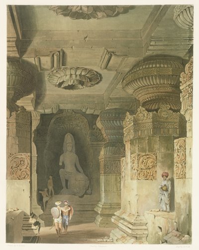 داخل معبد الكهف في إندرا سوبا في Ellora ، من المجلد الثاني للمشهد والأزياء والهندسة المعمارية في الهند ، رسمه ديفيد روبرتس (1796-1864) محفورًا بواسطة توماس كيرنان (fl.1821-50) ونقش بواسطة روبرت ميلفيل جريندلاي