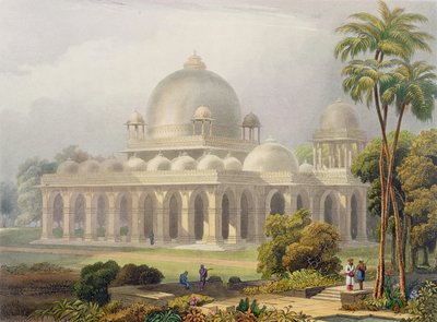 ال Roza في Mehmoodabad في Guzerat ، أو قبر وزير السلطان محمود ، من المجلد الثاني للمشهد والأزياء والهندسة المعمارية في الهند ، محفورًا بواسطة جون ويليس (fl.1826-52) ونقشه تشارلز ب بواسطة روبرت ميلفيل جريندلاي
