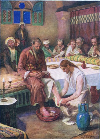 يسوع يغسل أقدام التلاميذ ، من كتاب مصور الكتاب المقدس الذي نشره توماس نيلسون ، عام 1950 بواسطة روبرت بايتون ريد