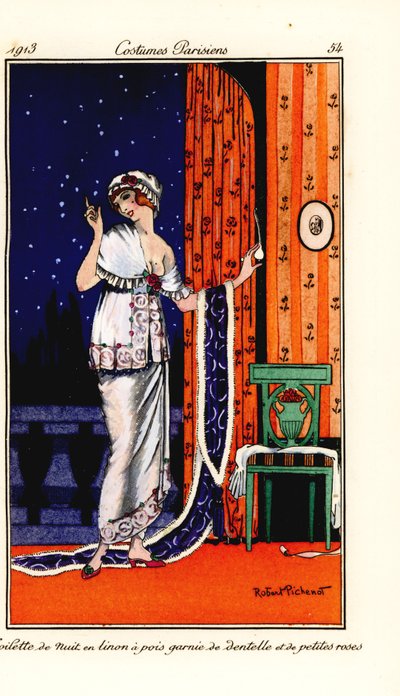 امرأة ترتدي ثوبًا مسائيًا من الكتان المنقّط مزينًا بالدانتيل والورود. Toilette de nuit en linon a pois garnie de dentelle et de petites roses. مسدس ملون يدويًا (استنسل) نقش بعد رسم توضيحي لروبرت بيشينوت من توماسو أنتونجيني في جورنا بواسطة روبرت بيتشينوت