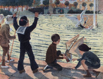 بجعة تهاجم قارب طفل يلعب مع رفاقه في بركة الحديقة. رسم إيضاحي لروبرت ساليس (1871-1929) في "" Je sais Lire "". بواسطة روبرت ساليس