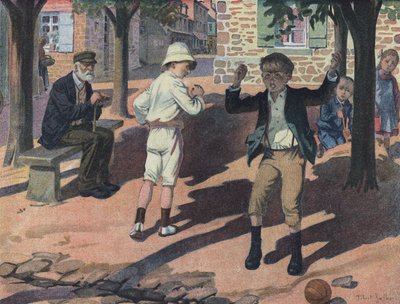 صبي صغير يغضب أثناء مباراة مع رفاقه (لاعب سيء). رسم إيضاحي لروبرت ساليس (1871-1929) في "" Je sais Lire "". بواسطة روبرت ساليس