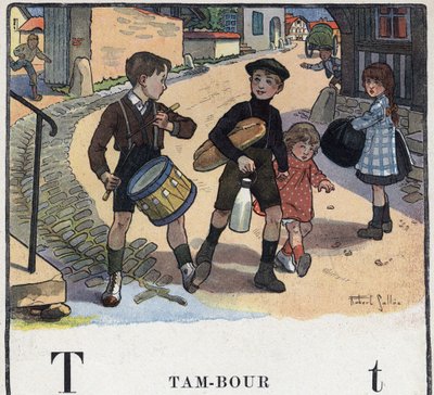 كتاب الأطفال "" سوف أقرأ - الأبجدية المنهجية والممتعة لأبي "" "1926. رسم لروبرت ساليس (1871-1929). Abecedary: حرف T مثل طبل. بواسطة روبرت ساليس