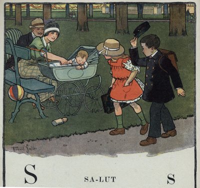 كتاب الأطفال "" سوف أقرأ - الأبجدية المنهجية والممتعة لأبي "" "1926. رسم لروبرت ساليس (1871-1929). Abecedary: حرف S باسم Salut. صبي يحيي زوجين وطفلهما برفع قبعته. بواسطة روبرت ساليس