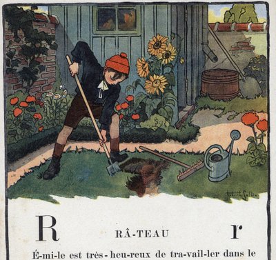 كتاب الأطفال "" سوف أقرأ - الأبجدية المنهجية والممتعة لأبي "" "1926. رسم لروبرت ساليس (1871-1929). Abecedaire: حرف R مثل الخليع. حديقة صبي في حديقة منزله. بواسطة روبرت ساليس