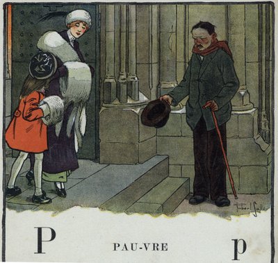 كتاب الأطفال "" سوف أقرأ - الأبجدية المنهجية والممتعة لأبي "" "1926. رسم لروبرت ساليس (1871-1929). Abecedaire: الحرف P كـ Poor. المتسول يقوم بعمل الكم خارج الكنيسة. بواسطة روبرت ساليس