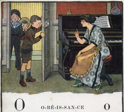 كتاب الأطفال "" سوف أقرأ - الأبجدية المنهجية والممتعة لأبي "" "1926. رسم لروبرت ساليس (1871-1929). Abecedary: الحرف O كطاعة. أم توبيخ أولادها. بواسطة روبرت ساليس