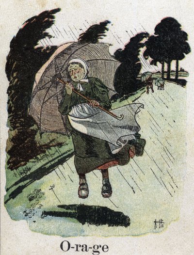 كتاب الأطفال "" سوف أقرأ - الأبجدية المنهجية والممتعة لأبي "" "1926. رسم لروبرت ساليس (1871-1929). "العاصفة": امرأة في المطر تأوي مع مظلتها. بواسطة روبرت ساليس